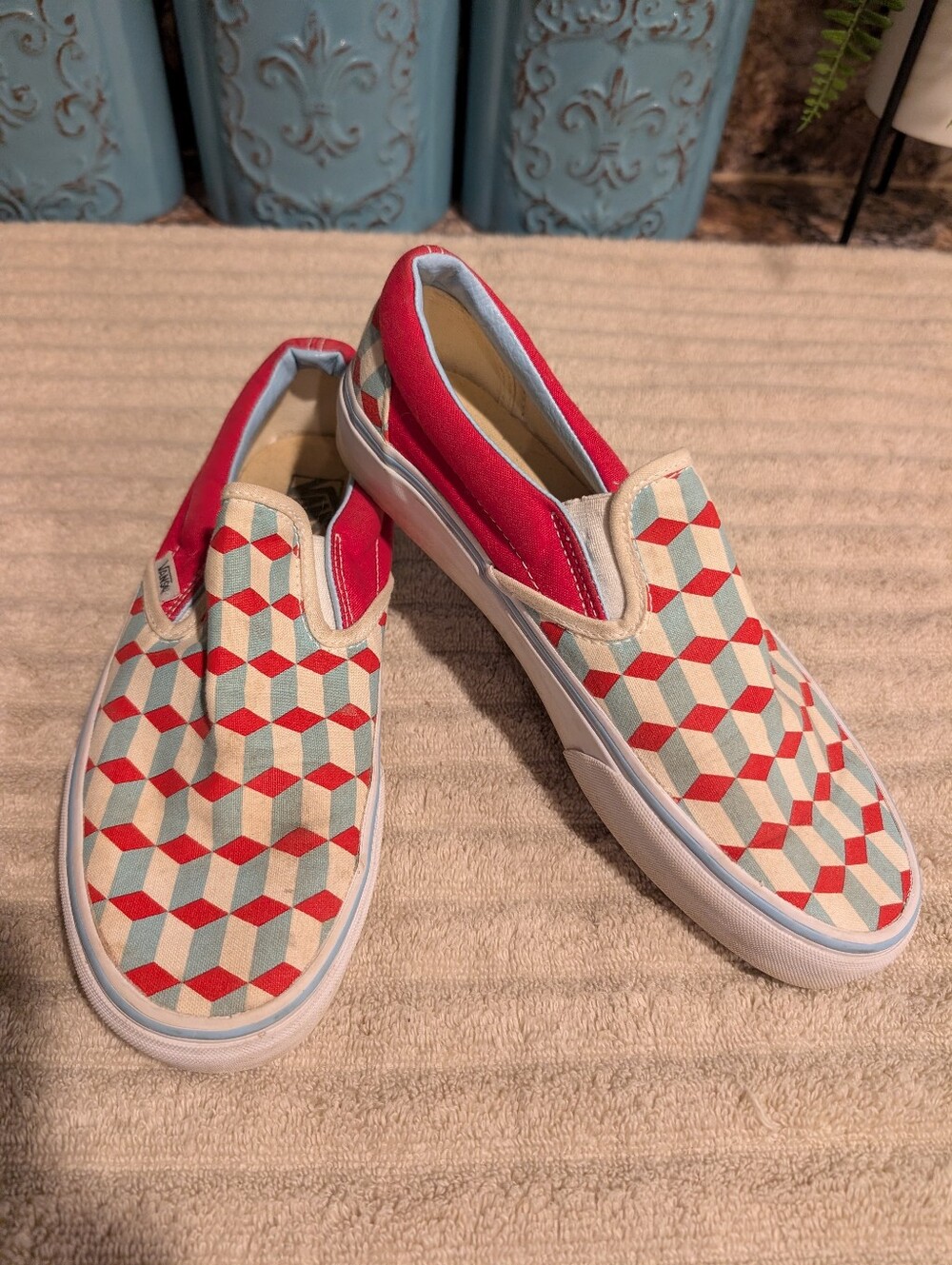 Vans Off The Wall Slip-On Sneakers in Light Blue & Red